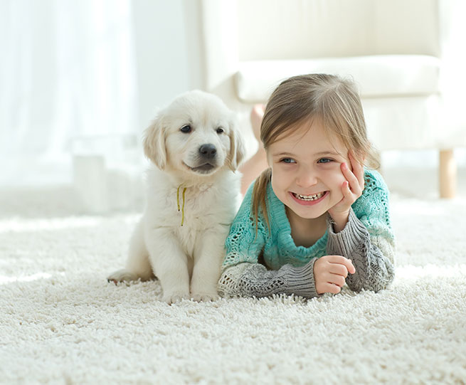 child and dog on carpet